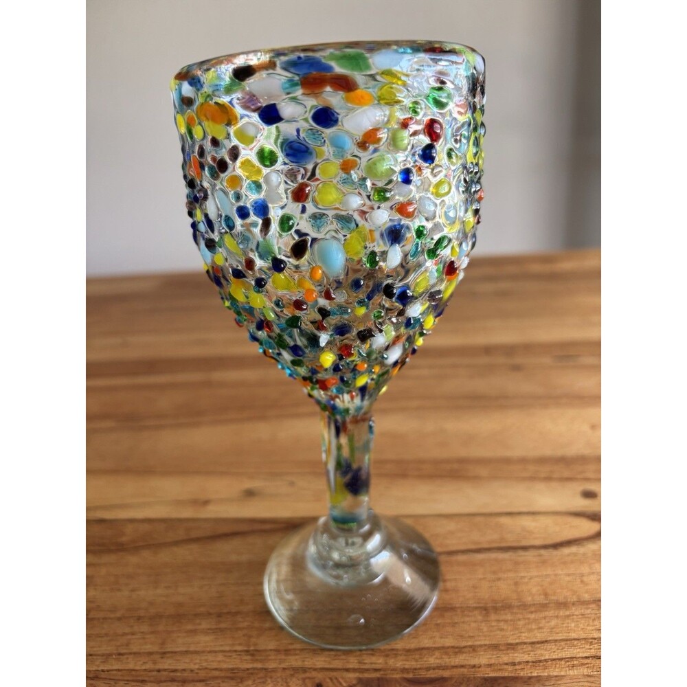 New Mexican Fused Hand Blown Art Glass Wine Confetti Pebble Style 8” Tall